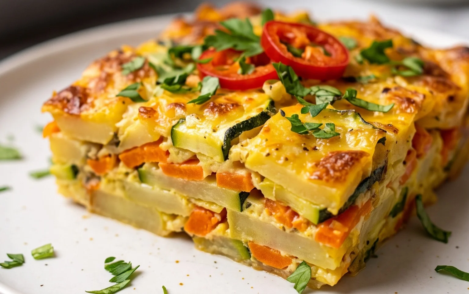Vegetarischer Kartoffelauflauf mit Zucchini und Karotten