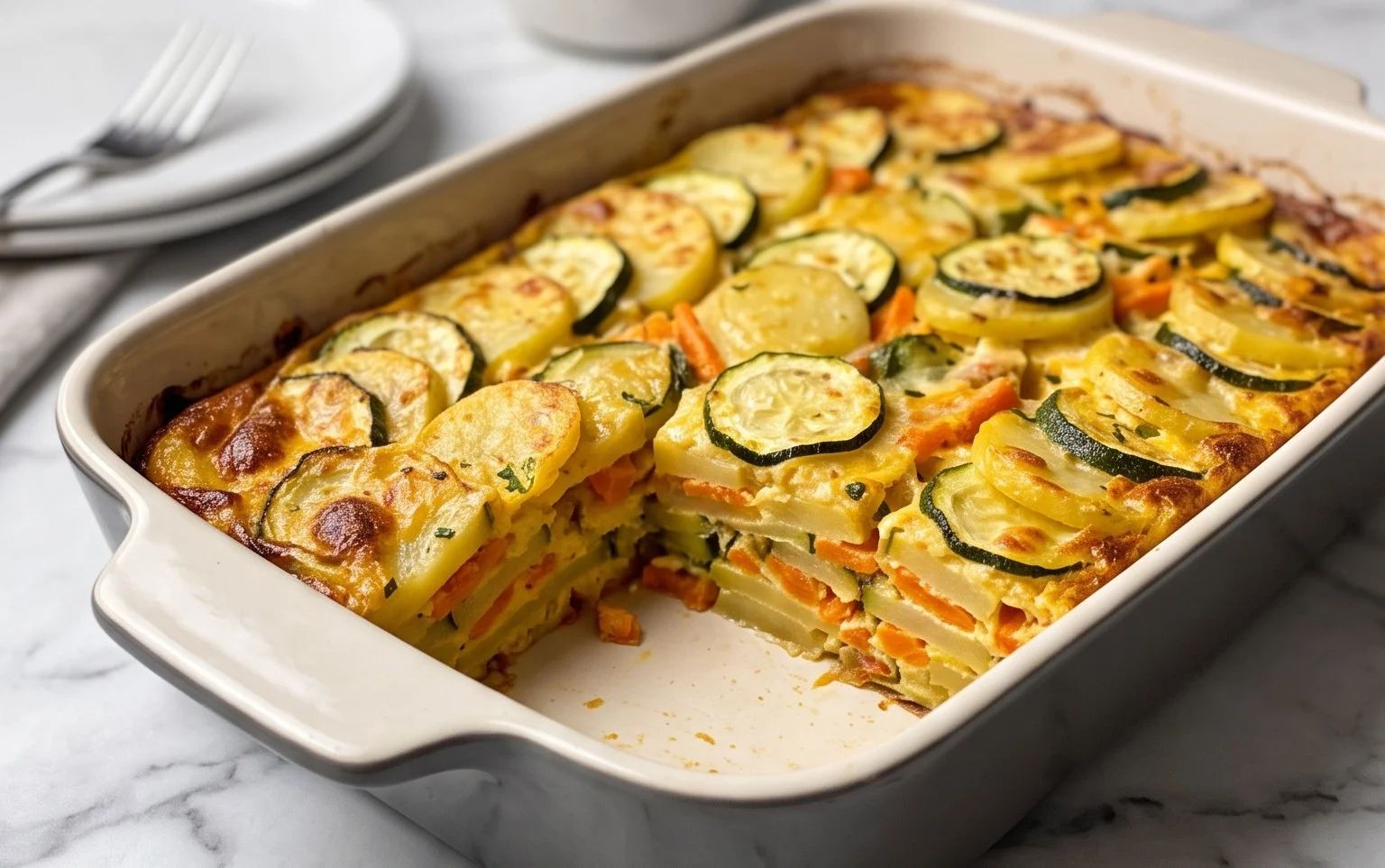 Vegetarischer Kartoffelauflauf: Cremig, Zucchini & Karotten